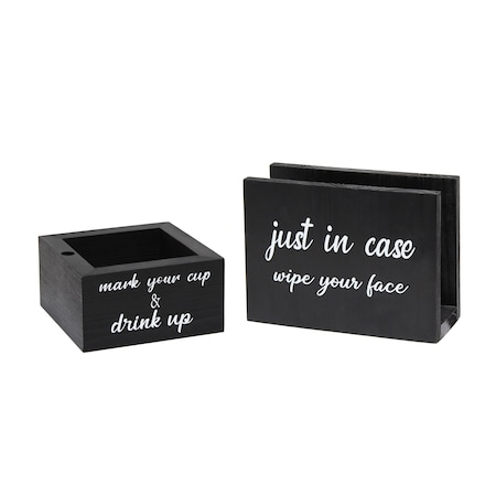Elegant Designs Wood Just in case, wipe your face Napkin Holder, Mark your cup drink up Cup Holder Set Black HG2023-BLK